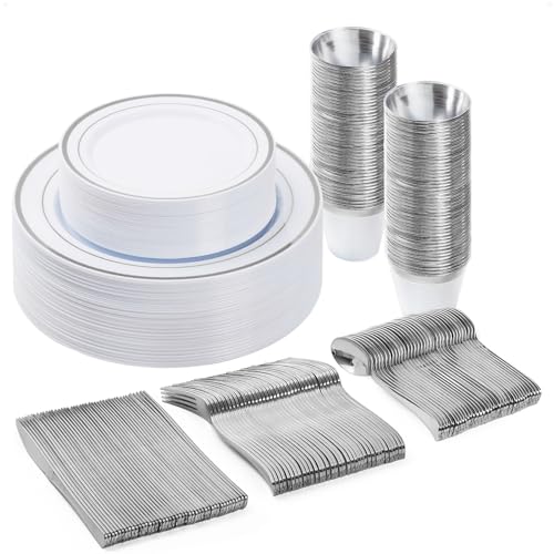 600PCS Plastic Dinnerware Set (100 Guests), Gold Disposable Plates for Party, Wedding, Anniversary, Includes: Dinner Plates, Dessert Plates, Cups, Spoons, Forks and Knives