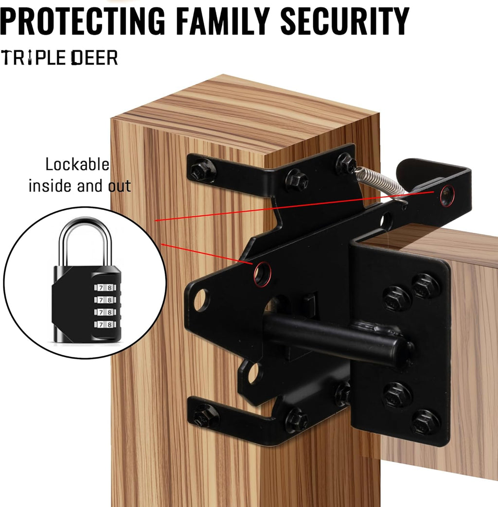 Self-Locking Gate Latch, Heavy Duty Post Mount for Wooden Fence, Black X6262