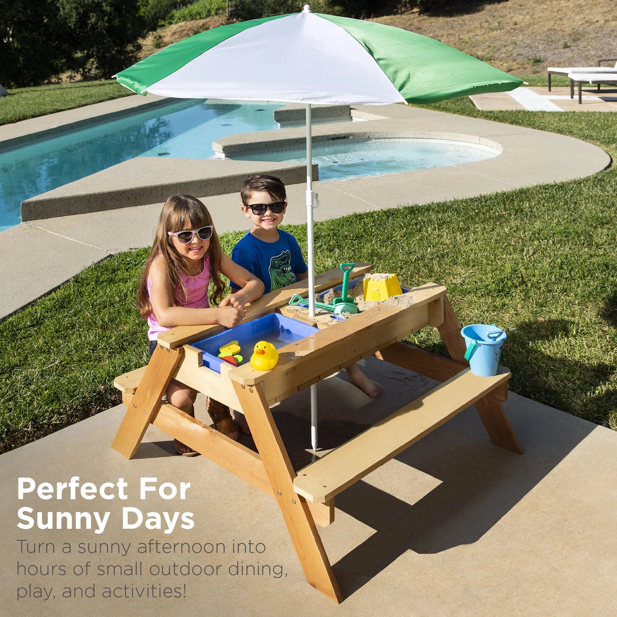 Kids 3-in-1 Outdoor Convertible Wood Sand & Water Picnic Table with Umbrella, Green S2103
