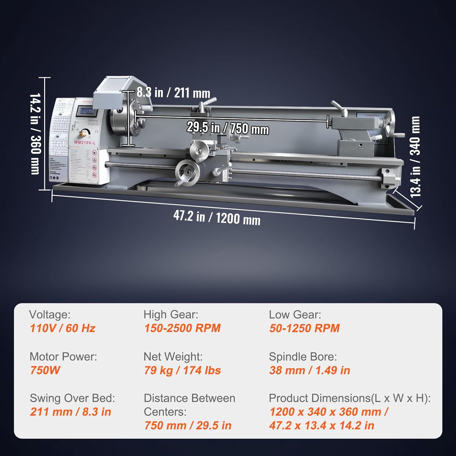 VEVOR Metal Lathe Machine, 8.3" x 29.5", 750W Benchtop Power Lathe N5185