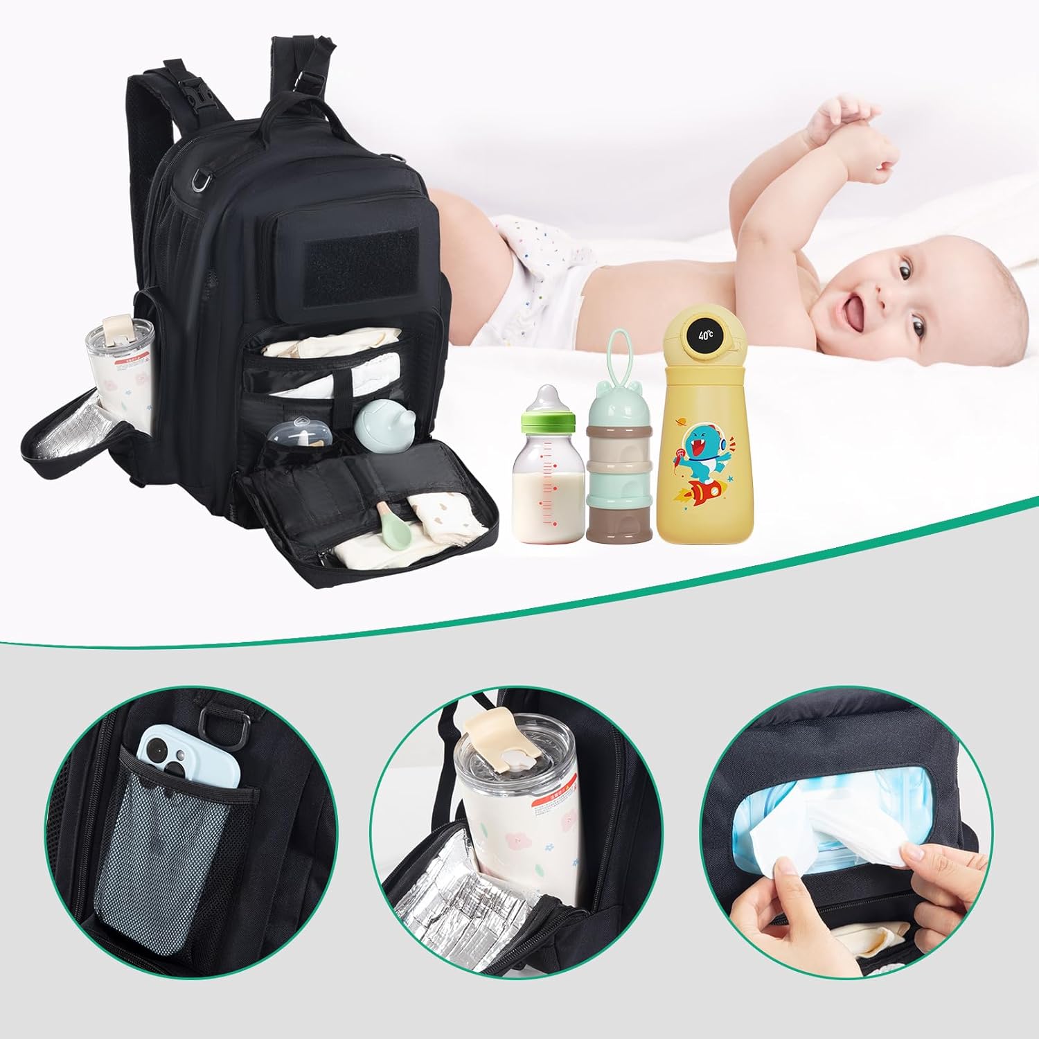 Tactical Diaper Bag Backpack for Dad with Changing Station, Black V2896