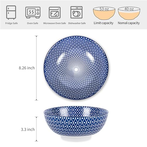Selamica Ceramic Large Salad Bowls Set, 53 OZ, 8 Inch, Stackable, Set of 3, Vintage Blue G742