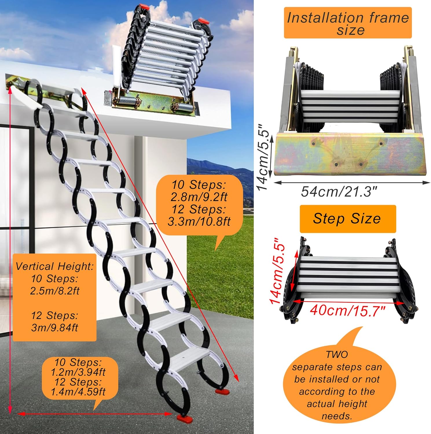 TECHTONGDA Folding Attic Ladder, 12 Steps Alloy, 9.8ft Max Height F60108
