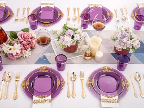 Nervure 350PCS Clear Gold Plastic Plates Dinnerware Set for 50 Guests S7668