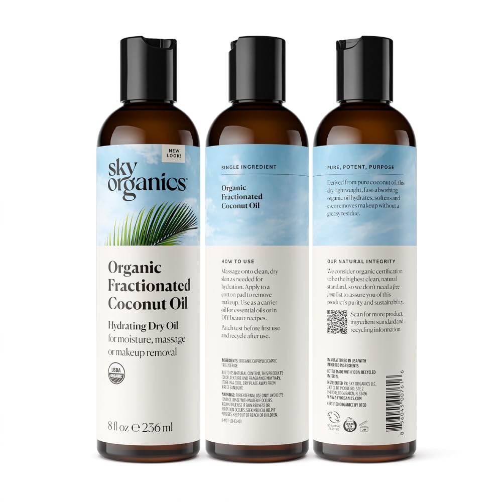 Sky Organics Fractionated Coconut Oil, 100% Pure Cold Pressed Body and Face Oil, 8 fl. Oz D41128