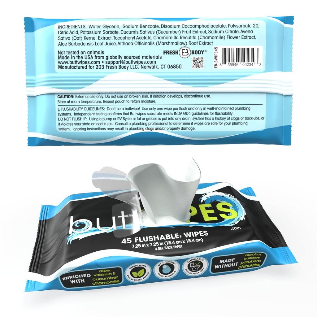Buttwipes Flushable Wipes for Adults with Aloe and Vitamin E, 45 Count M157