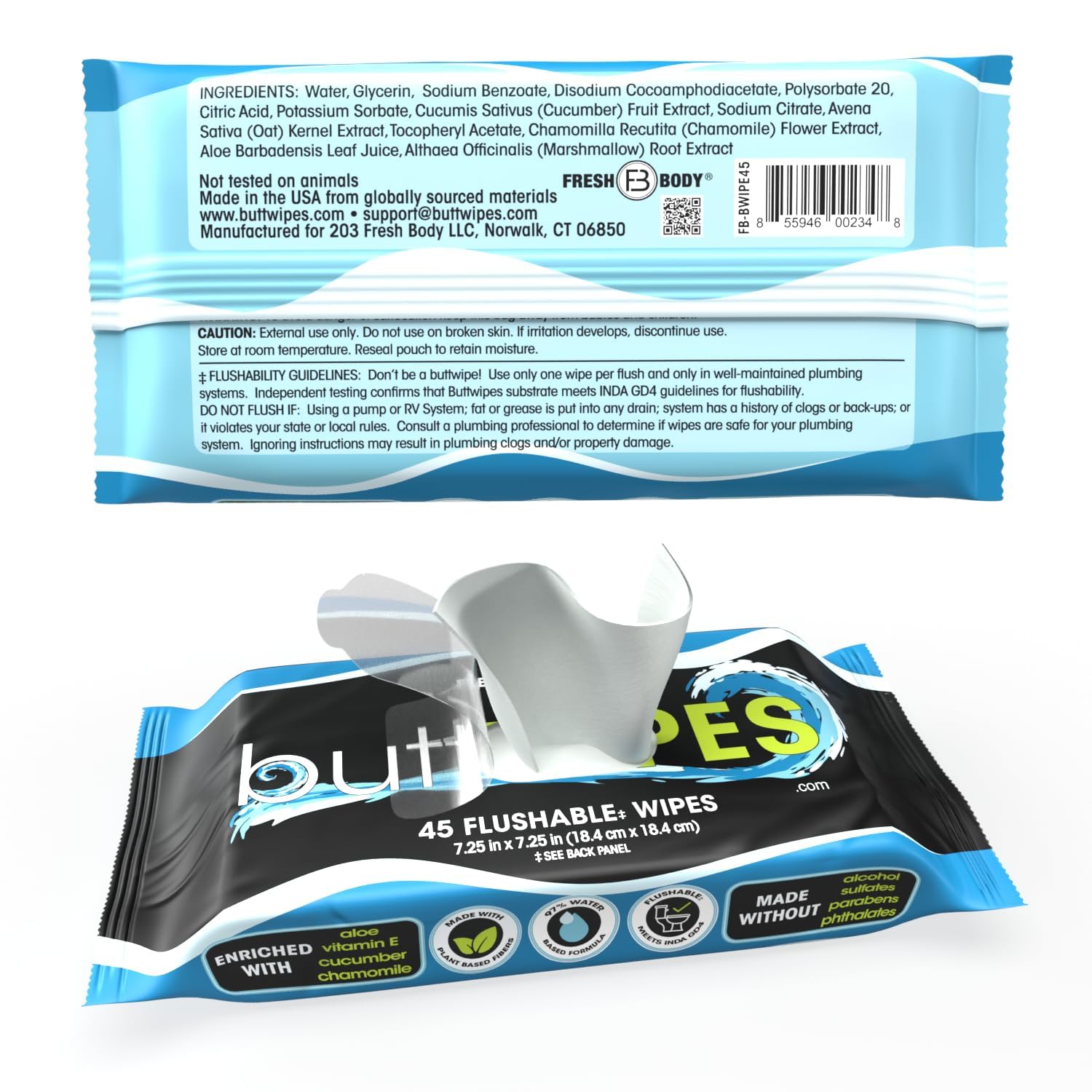 Buttwipes Flushable Wipes for Adults with Aloe and Vitamin E, 45 Count M157