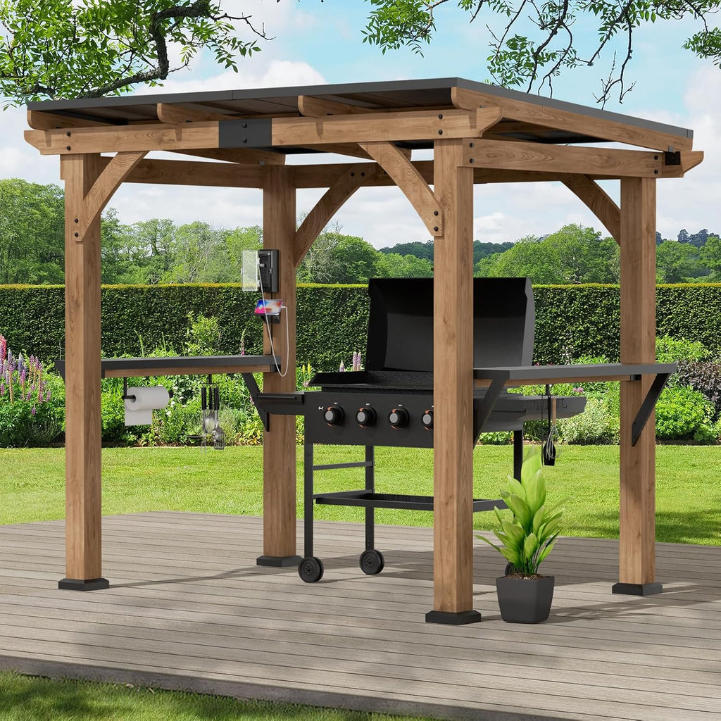 Modern Shade Grill Gazebo 6' X 8', Cedar Wood Gazebo with Shelves and Paper Towel Holder, Patio Gazebo with Galvanized Steel Roof, USB and USB-C Charging Ports, BBQ Gazebo for Patio Backyard