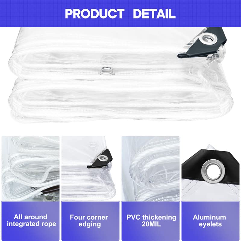 Outdoor Clear Vinyl Tarp 20 Mil 8x8 FT Waterproof with Metal Grommets P342