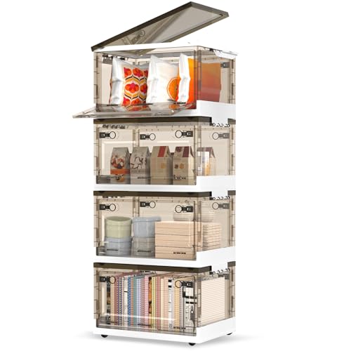 50QT Foldable Stackable Storage Bins with Lids - Clear Plastic Storage Box with Wheels for Closet Organizer, Secure Latching Buckles, Ideal for Home Office Garage Organization