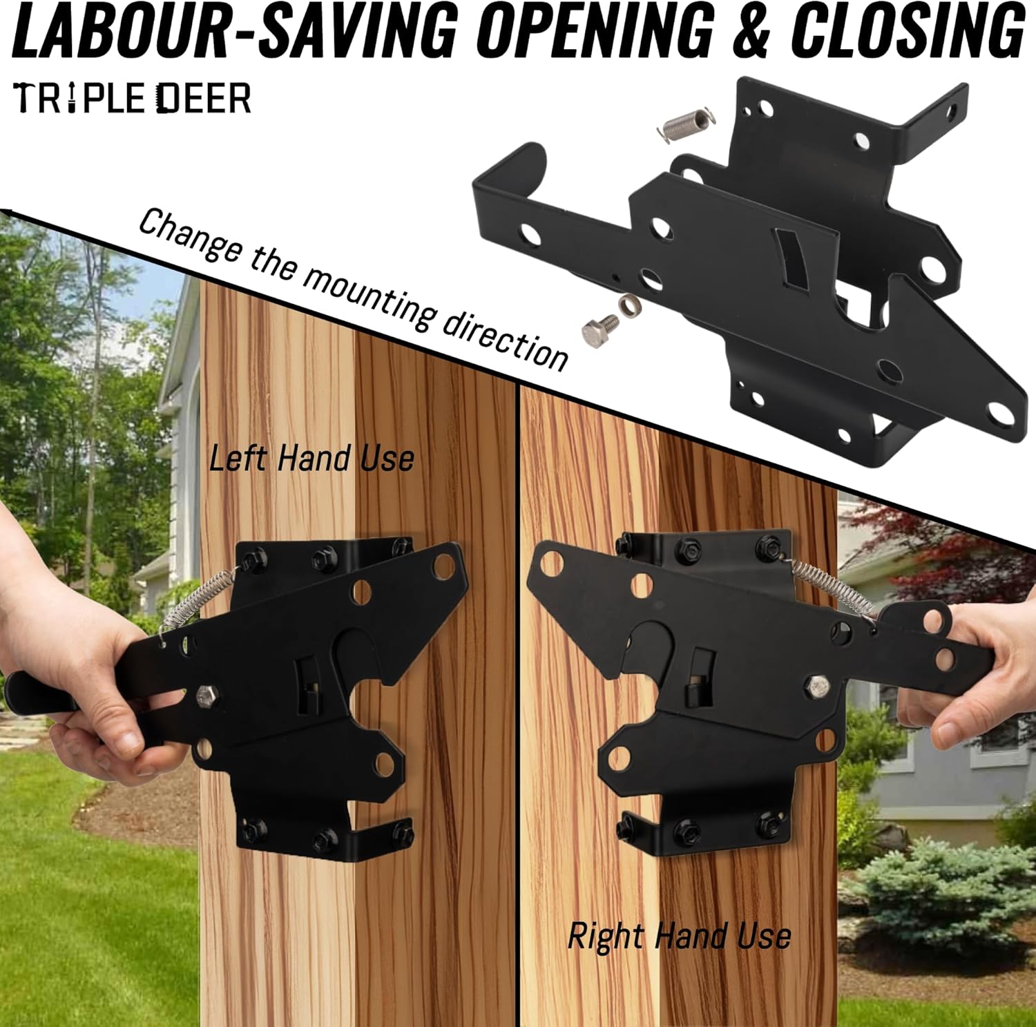 Self-Locking Gate Latch, Heavy Duty Post Mount for Wooden Fence, Black X6262