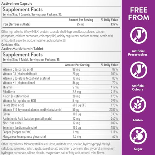 Active Iron for Women, Non-Constipating, 30 Capsules with 30 Multivitamin Tablets U264