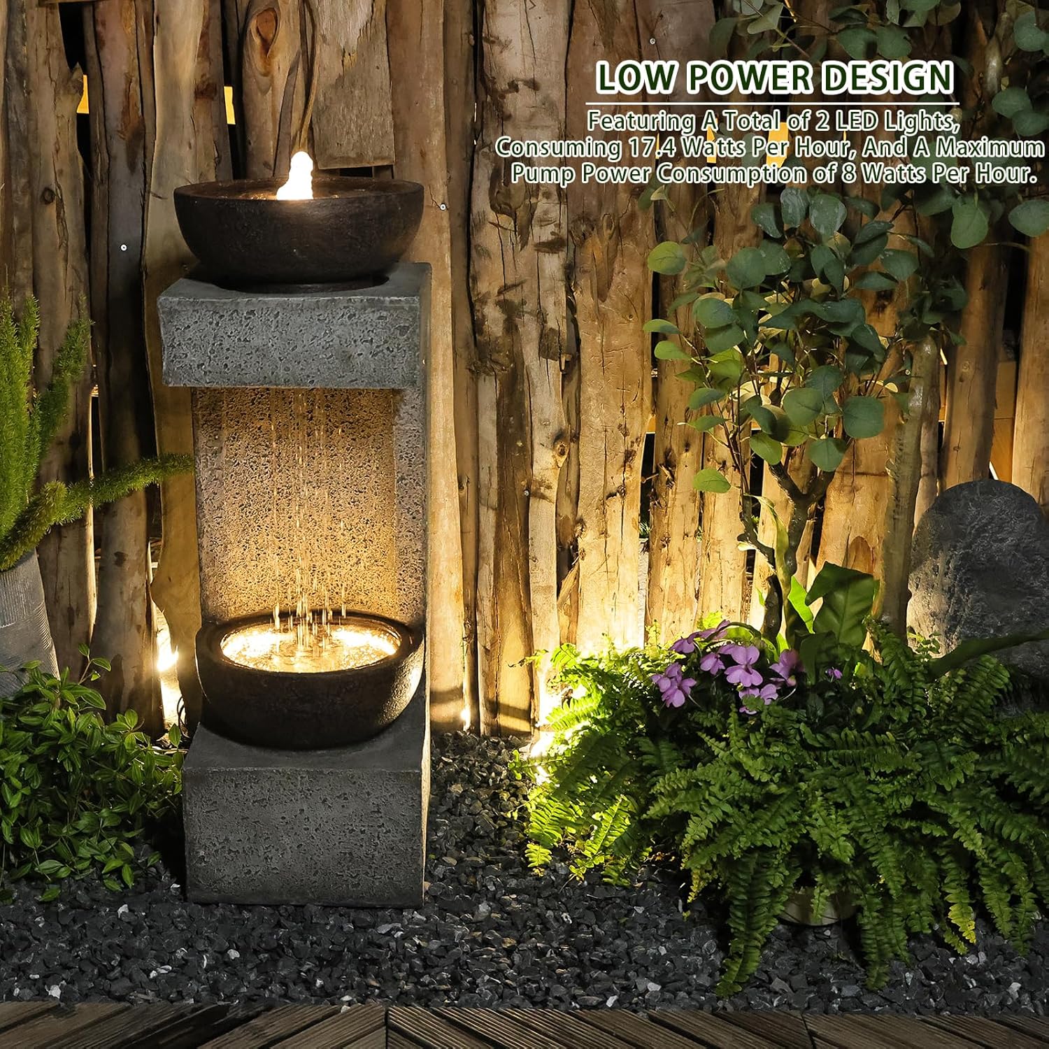 33.9" Water Fountain Outdoor Garden Decor with Lights and Stone Planter T980