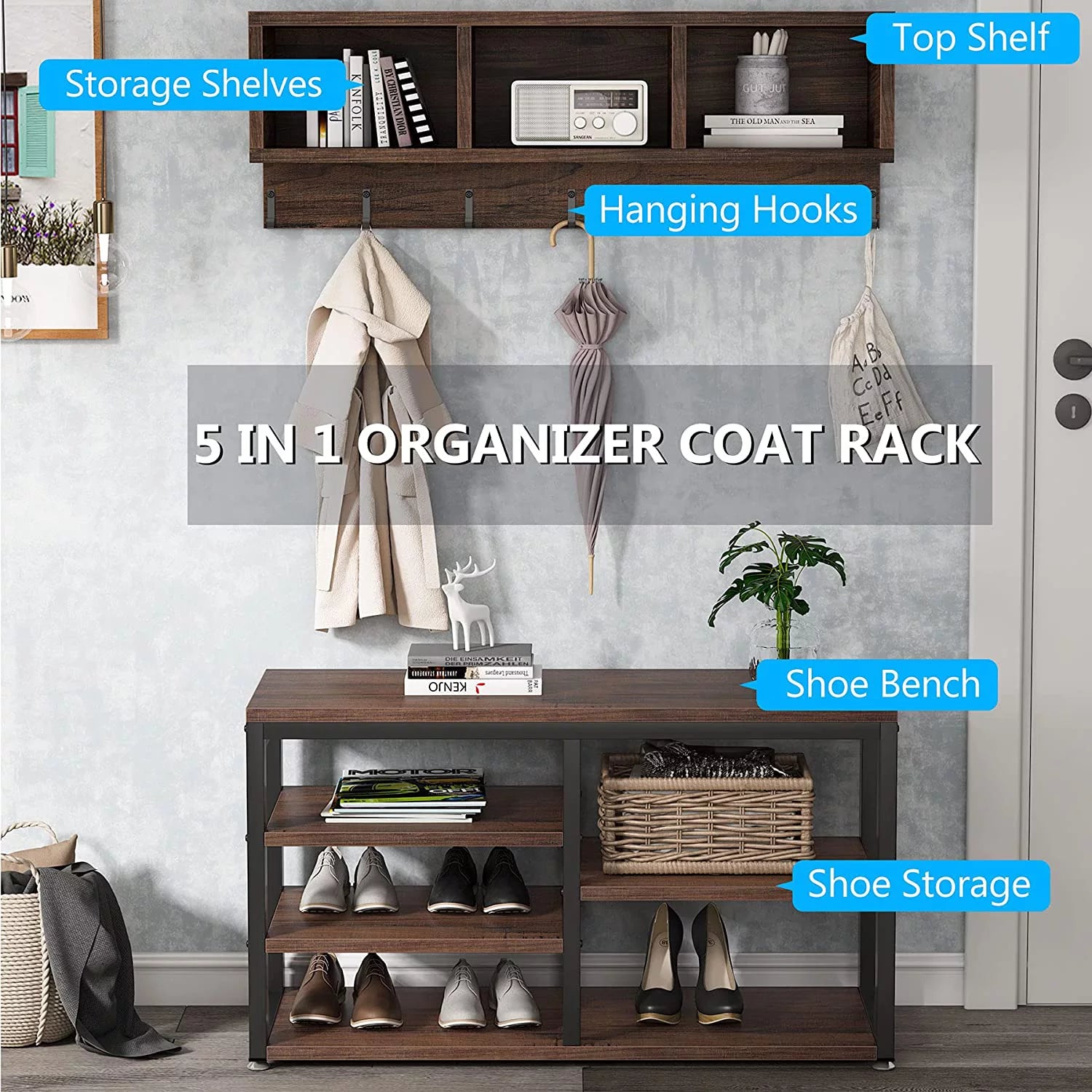 Tribesigns Hall Tree with Bench, 3 Cubbies, 7 Hooks V315602