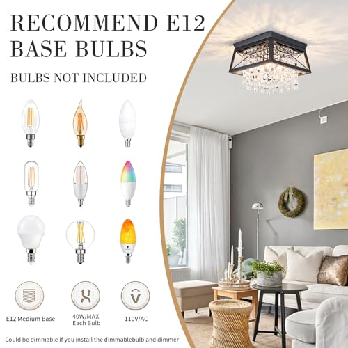 Crystal Flush Mount Ceiling Light, 11.8 inch 4-Light Black Farmhouse O868