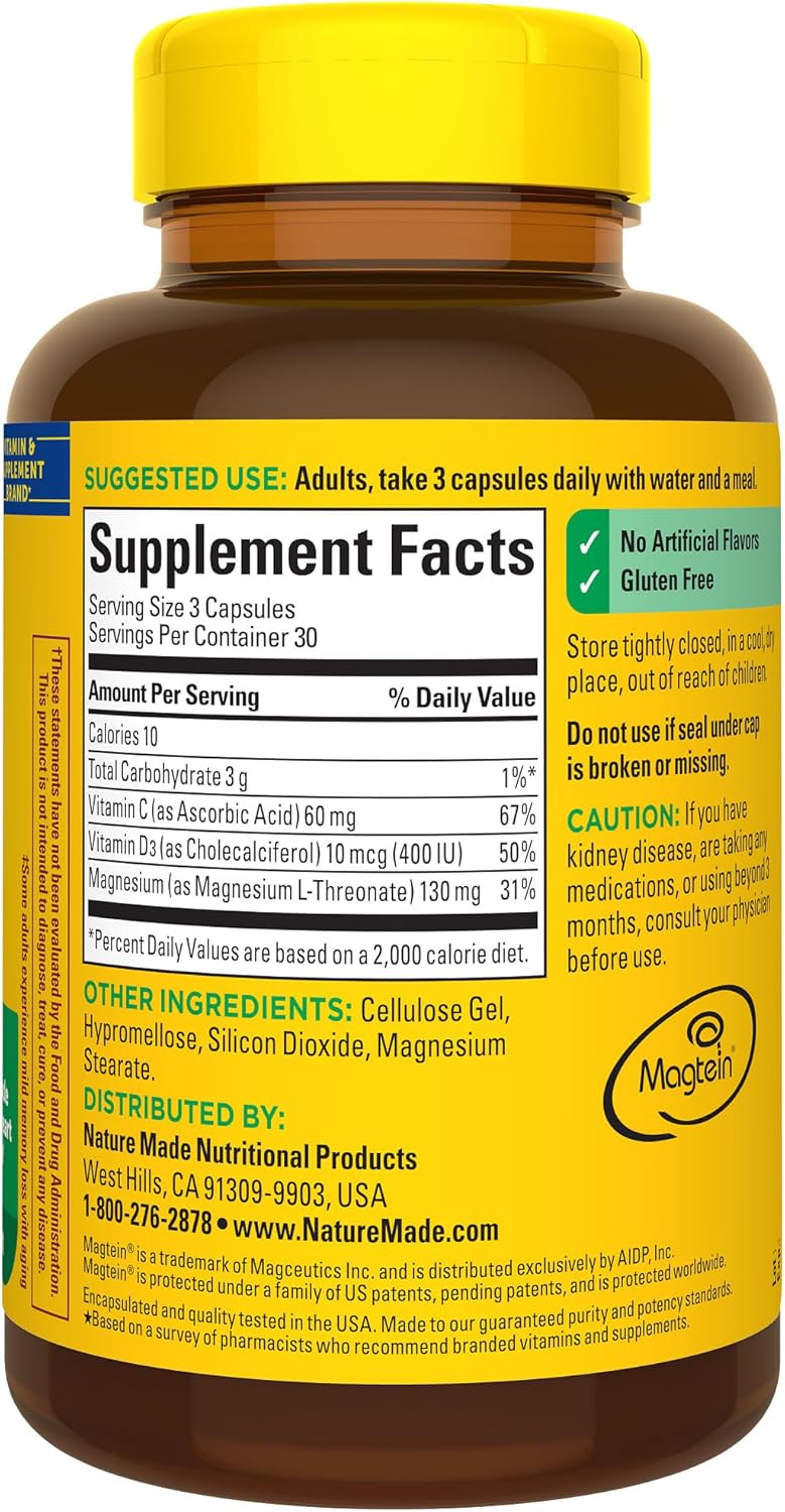Nature Made Magnesium L-Threonate with Vitamin C & D3, Cognitive Support Supplement, 90 Capsules E521