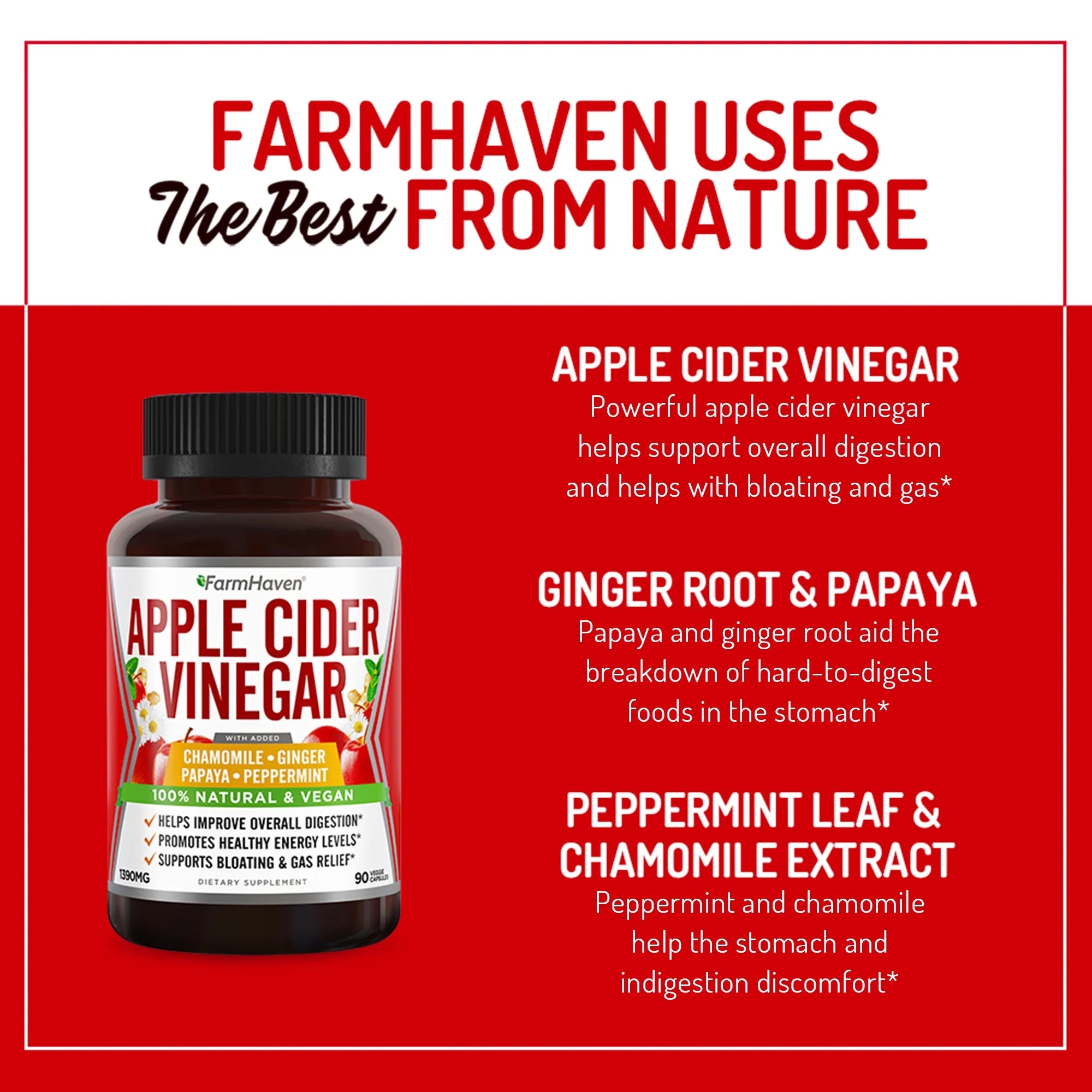 Apple Cider Vinegar Capsules with Ginger, Papaya & Chamomile, 1390mg, 90 Capsules C638281