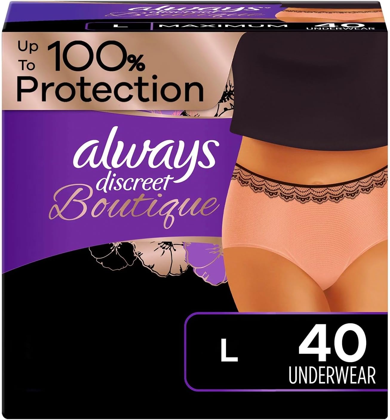 Always Discreet Boutique Incontinence Underwear, Maximum Absorbency, L (40 Ct)