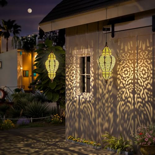 Moroccan Hanging Solar Lights Outdoor Lantern Waterproof Plastic Gold Garden Decor I141