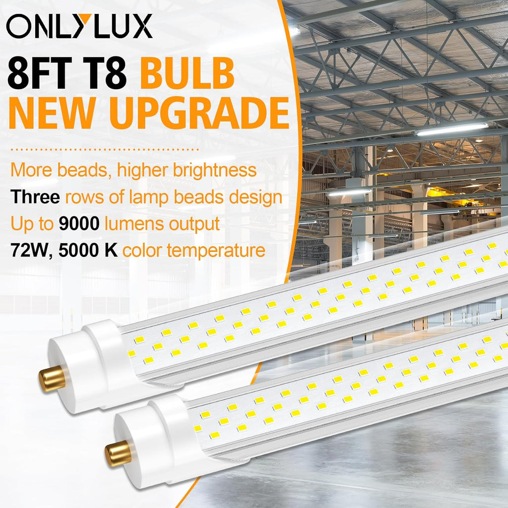 8ft T8 LED Bulbs 72W 9000lm 5000K Single Pin Tube Light (10Pack) Y2874