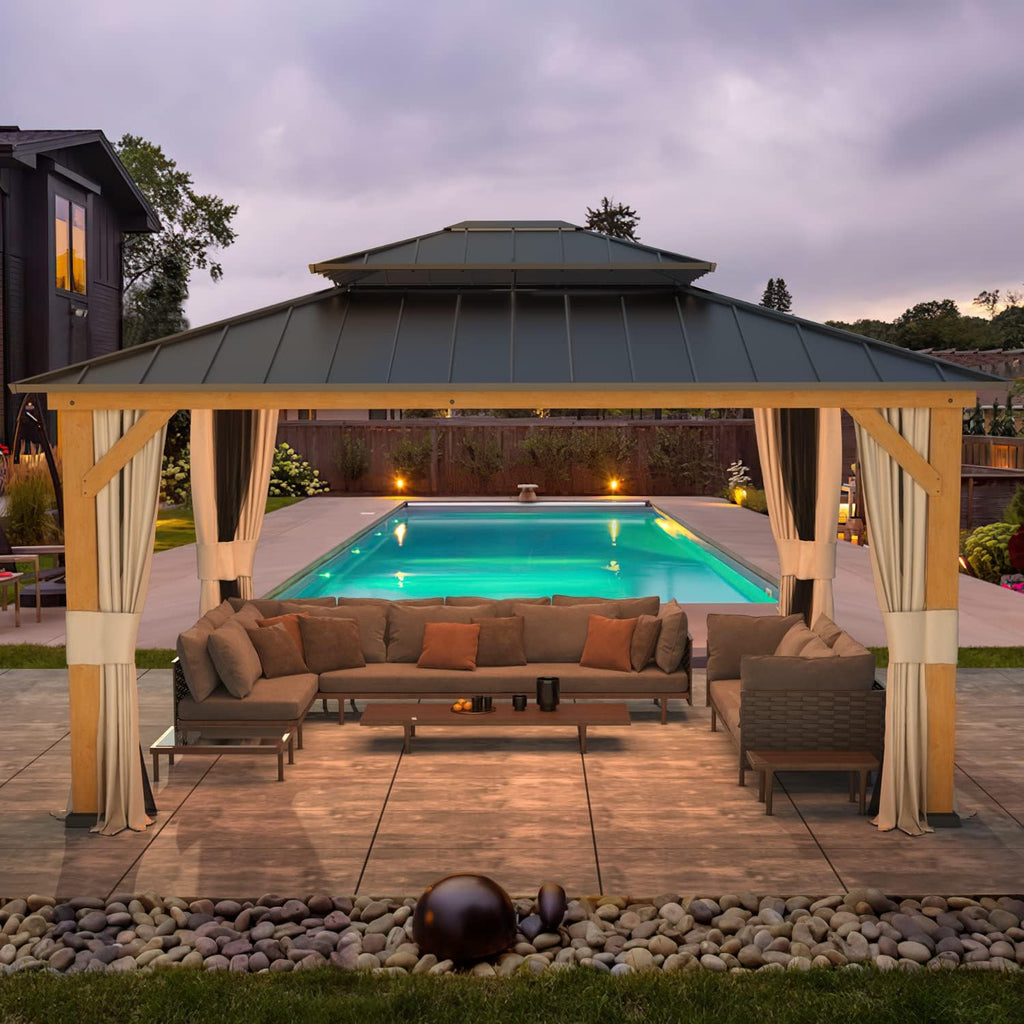 EROMMY 13'x15' Wood Gazebo, Outdoor Hardtop Gazebo Pavilion with Netting and Curtains, Spruce Wooden Frame Double Roof Metal Canopy for Patio Backyard Deck Garden
