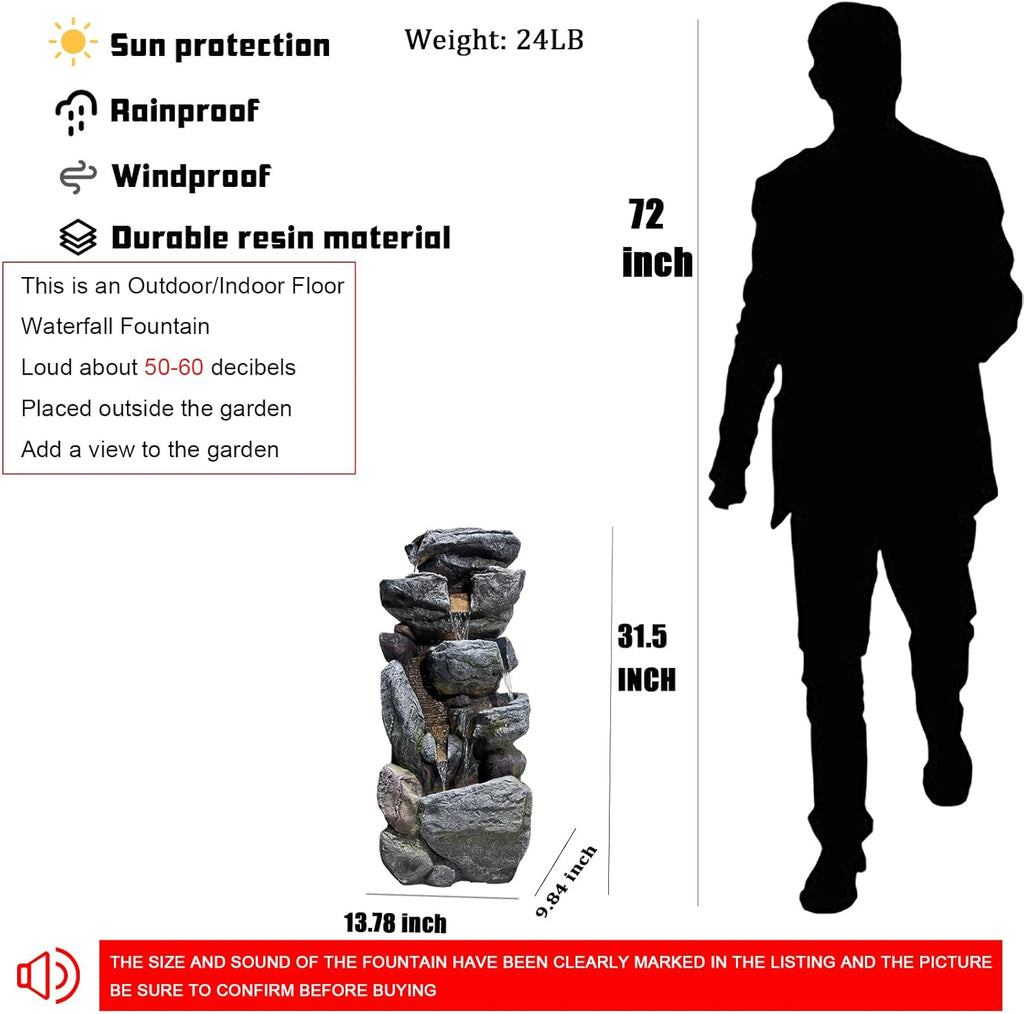 Grey 5-Tiered Rock Water Fountain Outdoor Garden with Light H5932