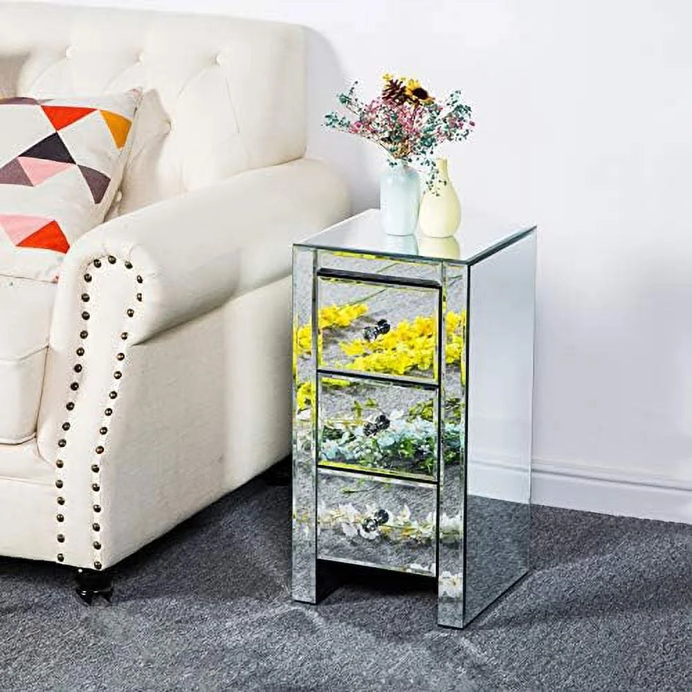 RUNFAYBIU Mirrored Nightstand with 3 Drawers and Crystal-Style Knobs E8054