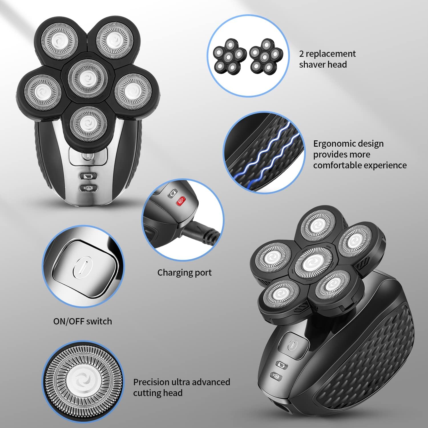 6D Electric Shaver for Bald Men 7 in 1 Rotary Head Waterproof Rechargeable M270826