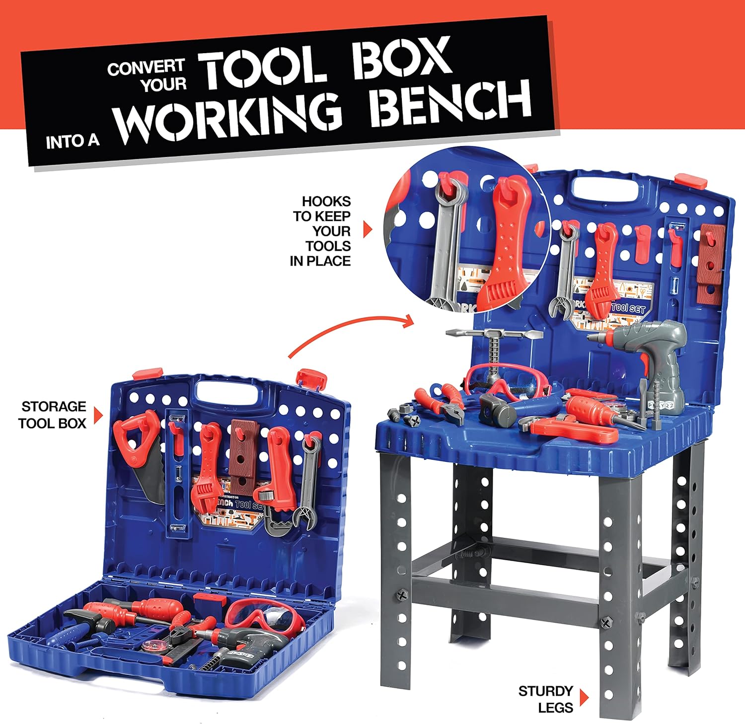 Play22 Kids Tool Set Bench 76 Pc with Electronic Play Drill A9634