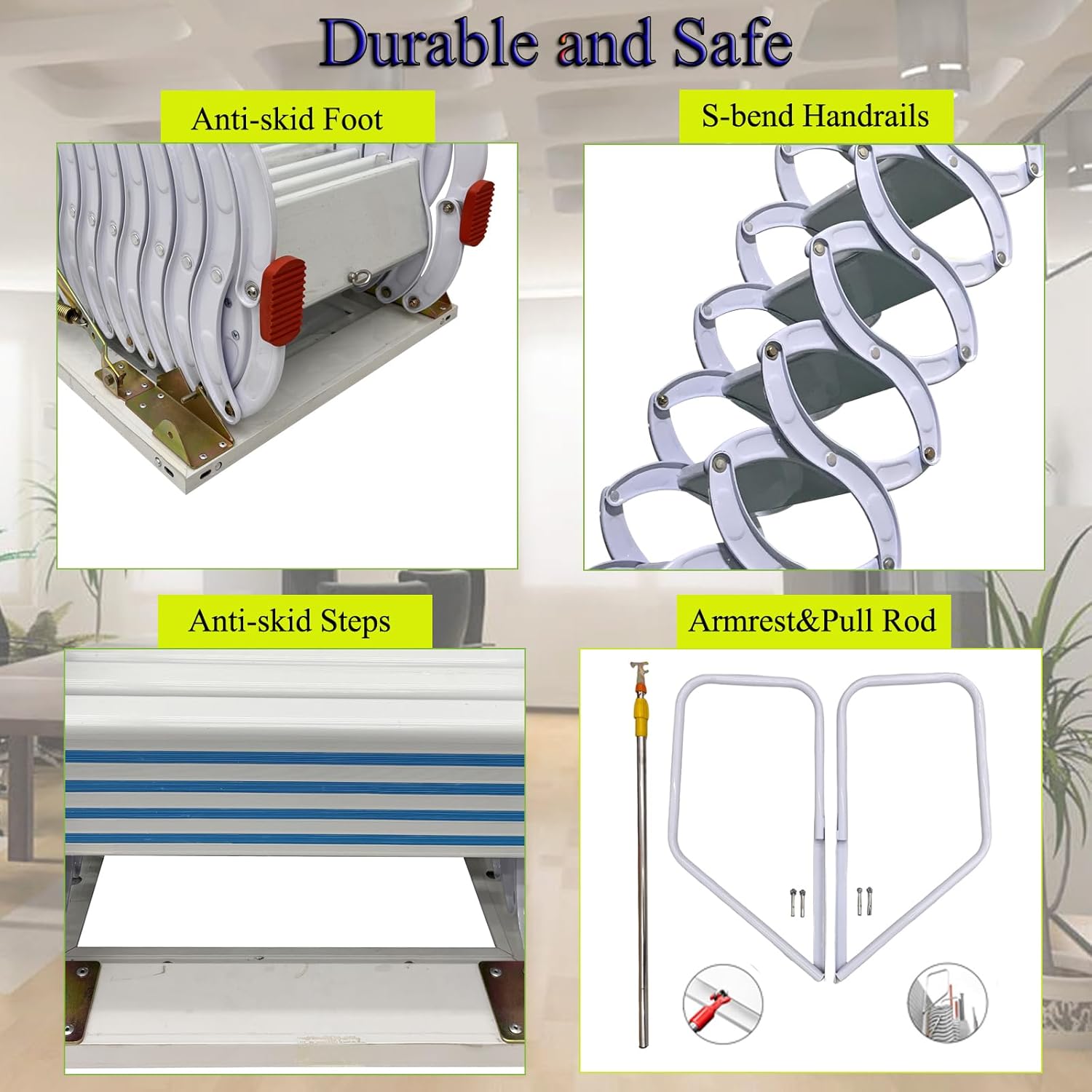 TECHTONGDA Loft Ladder Al-Mg Alloy Attic Stairs Wall-mounted Folding with Armrests 9.8ft F936
