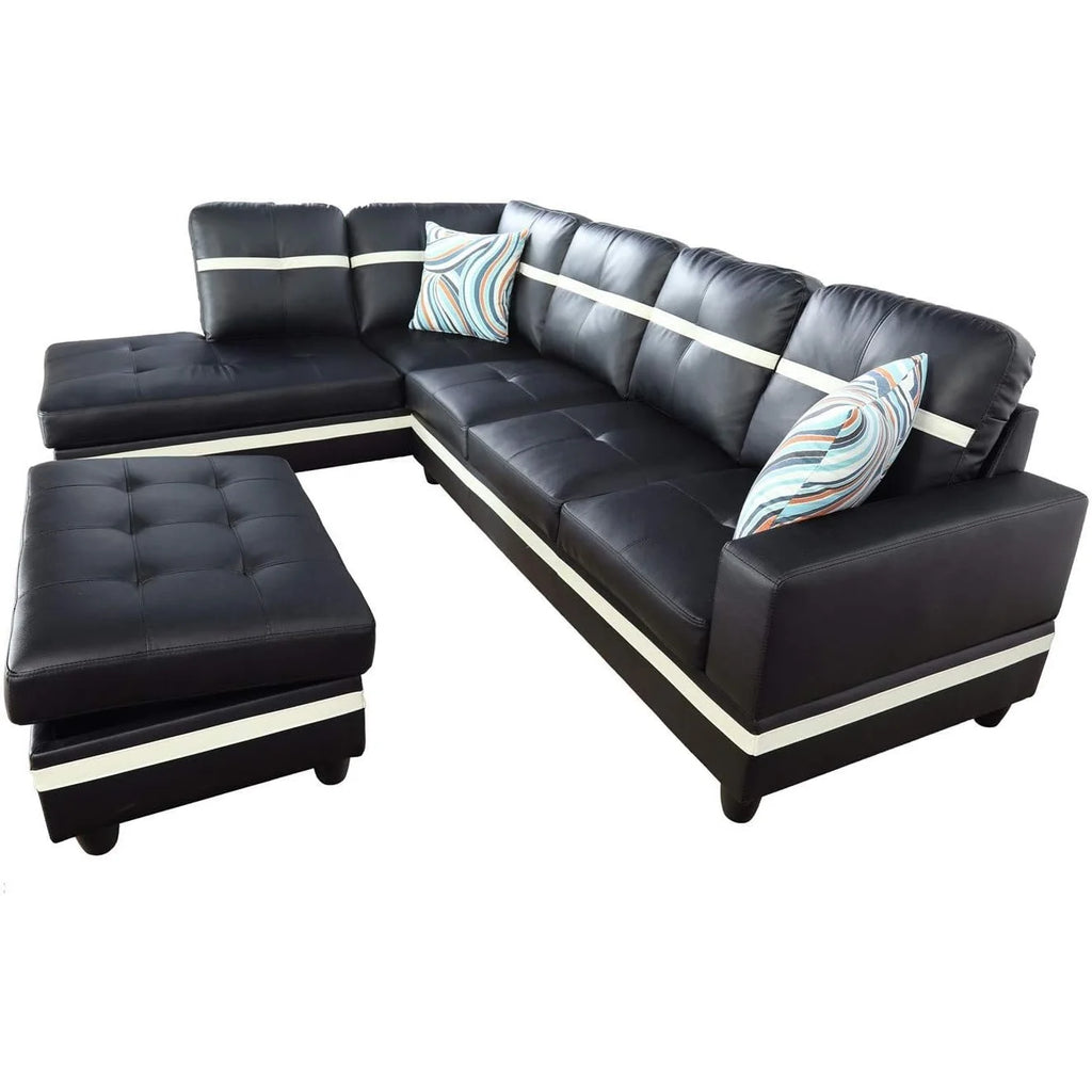 Ainehome 103.5" Leather Sectional Sofa Set, 3-Piece L-Shaped Couch with Ottoman, Black G492
