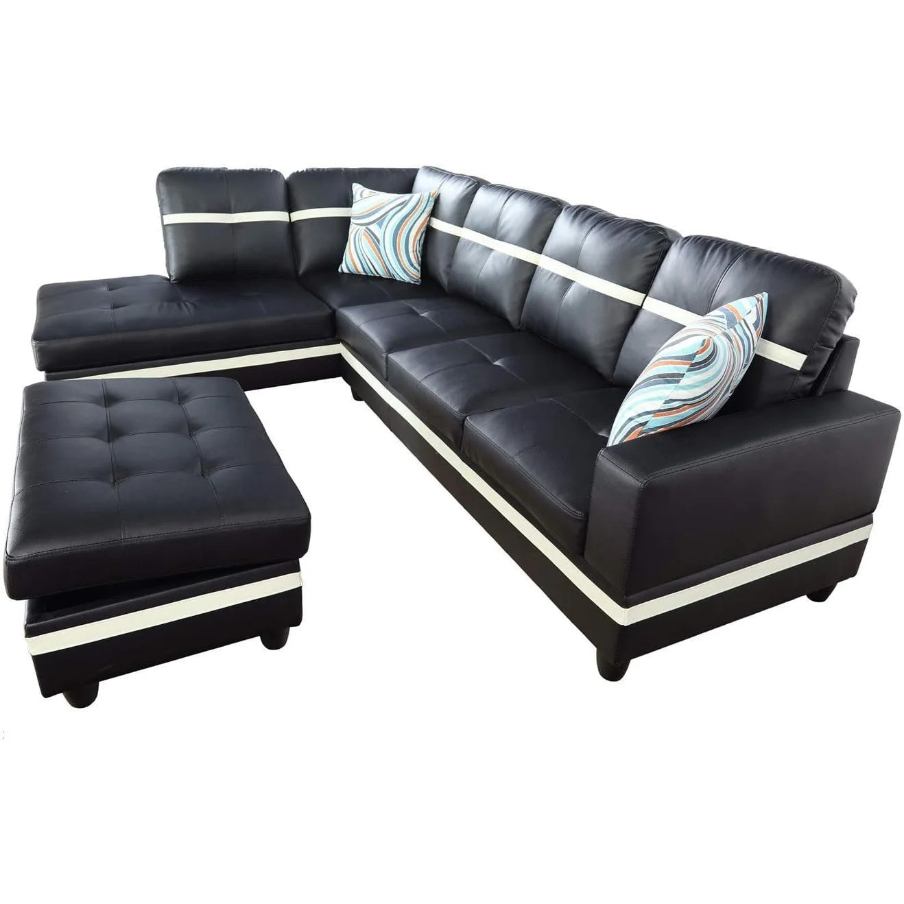 Ainehome 103.5" Leather Sectional Sofa Set, 3-Piece L-Shaped Couch with Ottoman, Black G492