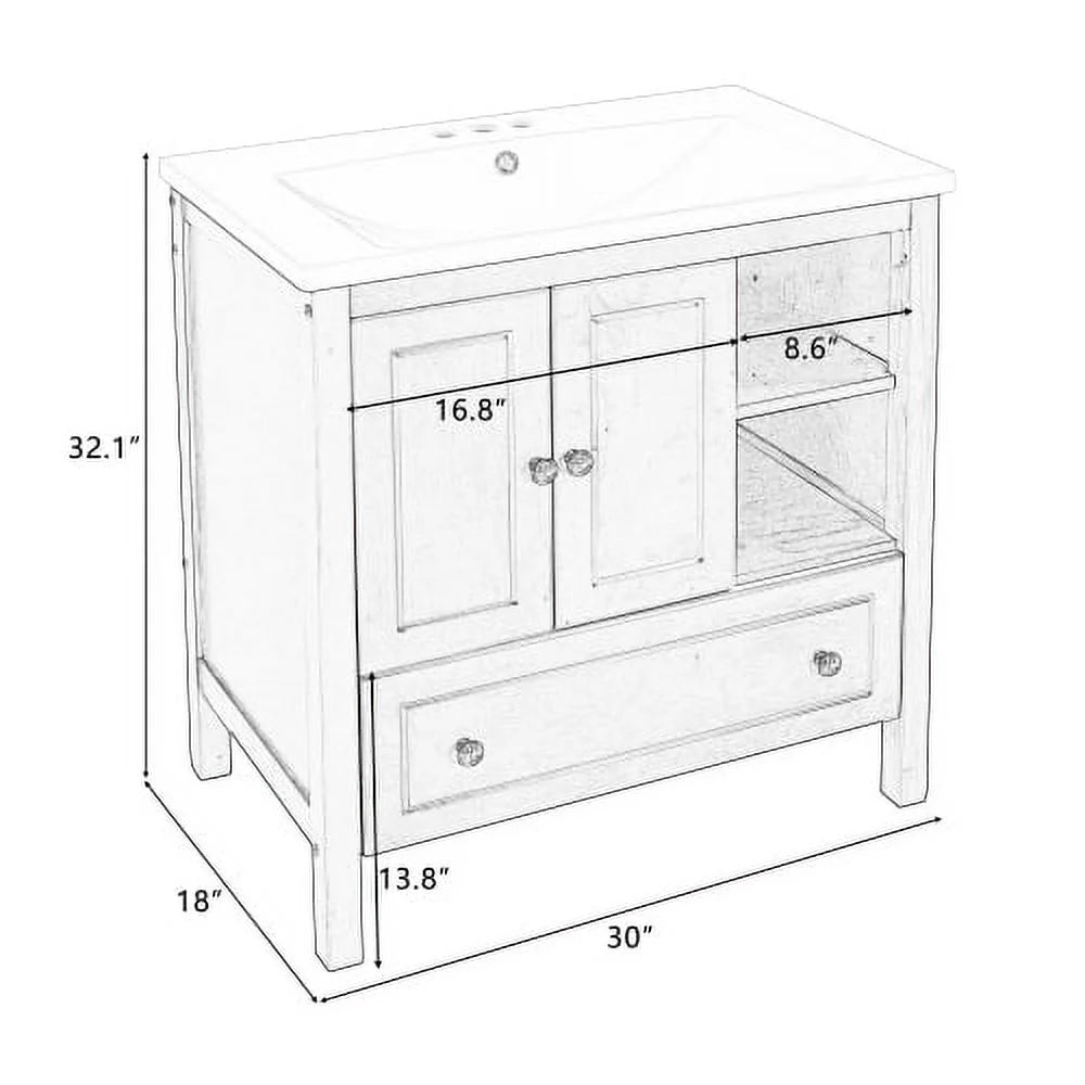 30" Bathroom Vanity with Ceramic Sink, Solid Wood Frame, Grey S256957