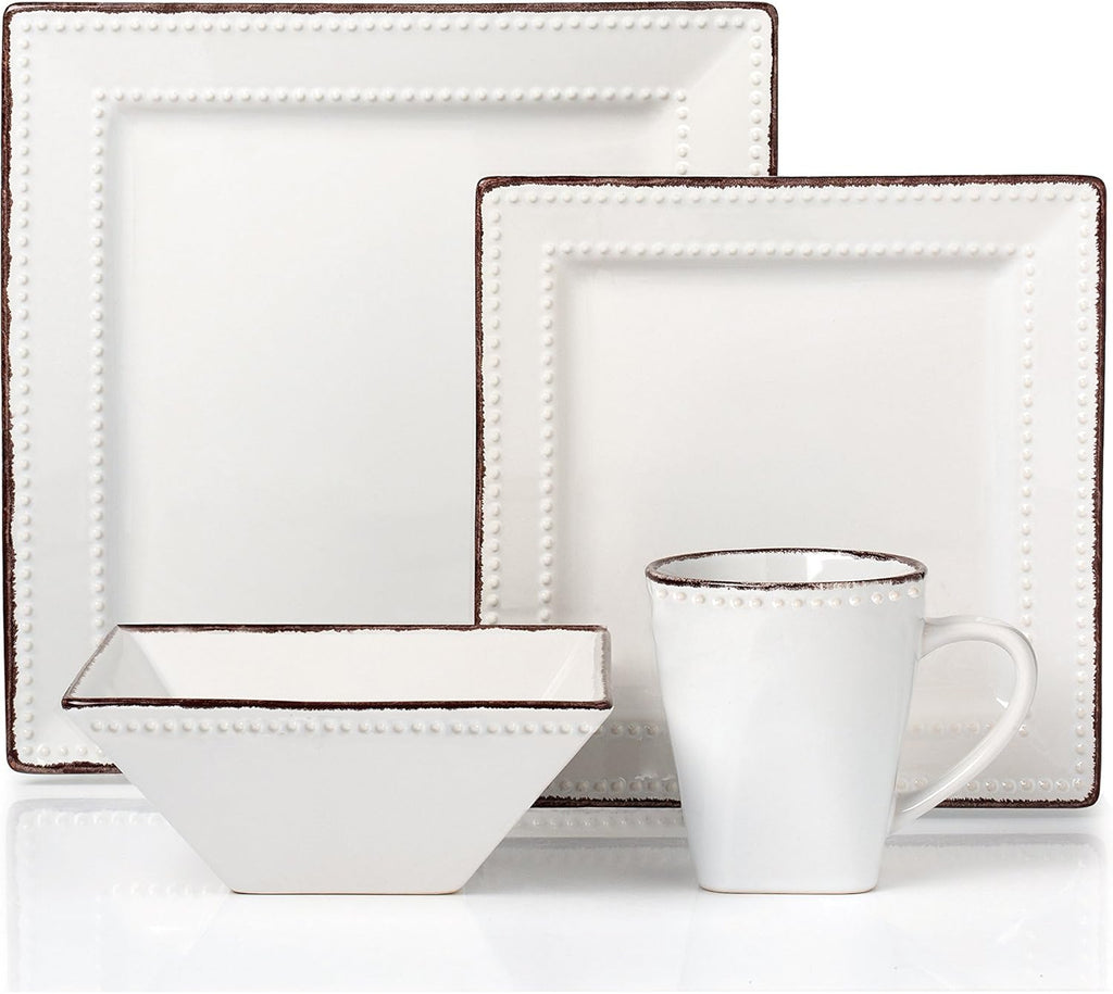 16 Piece Square Beaded Stoneware Dinnerware set by Lorren Home Trends, White