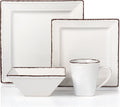 16 Piece Square Beaded Stoneware Dinnerware set by Lorren Home Trends, White