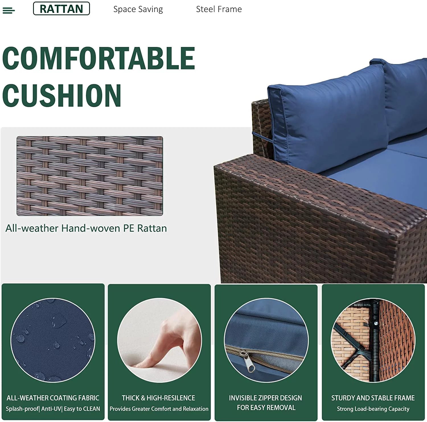 Gotland Outdoor Patio Furniture Set 6 Pieces PE Wicker Sectional Sofa Navy Blue H421