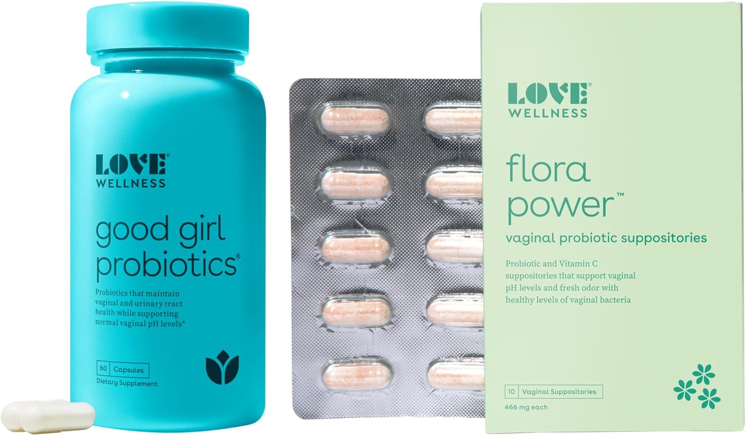 Love Wellness Flora Power & Good Girl Probiotics | Vaginal Suppositories & Prebiotics for Women | Supports pH Balance & Fresh Odor | Fast-Acting Probiotic Strains & Vitamin C for Feminine Health