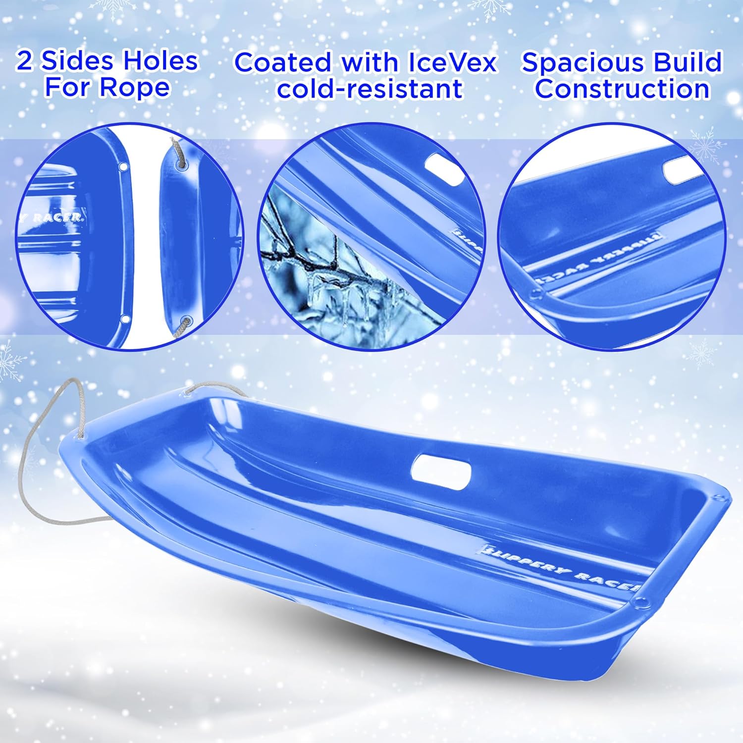 Downhill Sprinter Flexible Plastic Toboggan Snow Sled with Handles and Pull Rope, Blue (3 Pack) A3554