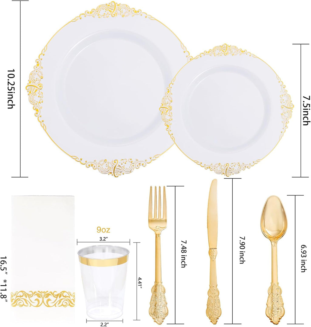 Nervure 350PCS Gold Plastic Dinnerware Set for 50 Guests O829805