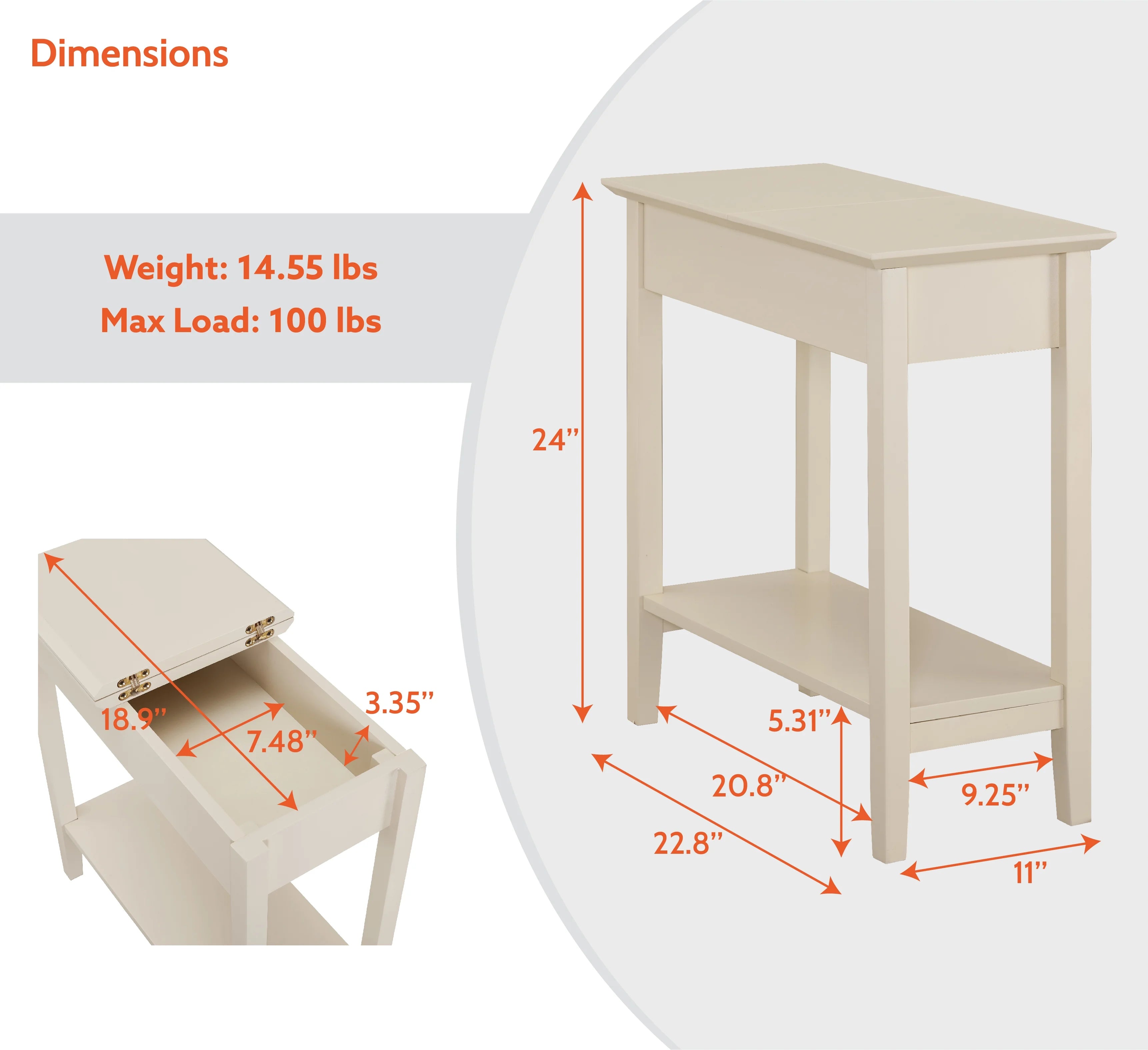 Flip Top Narrow End Table with Storage, Cream G920