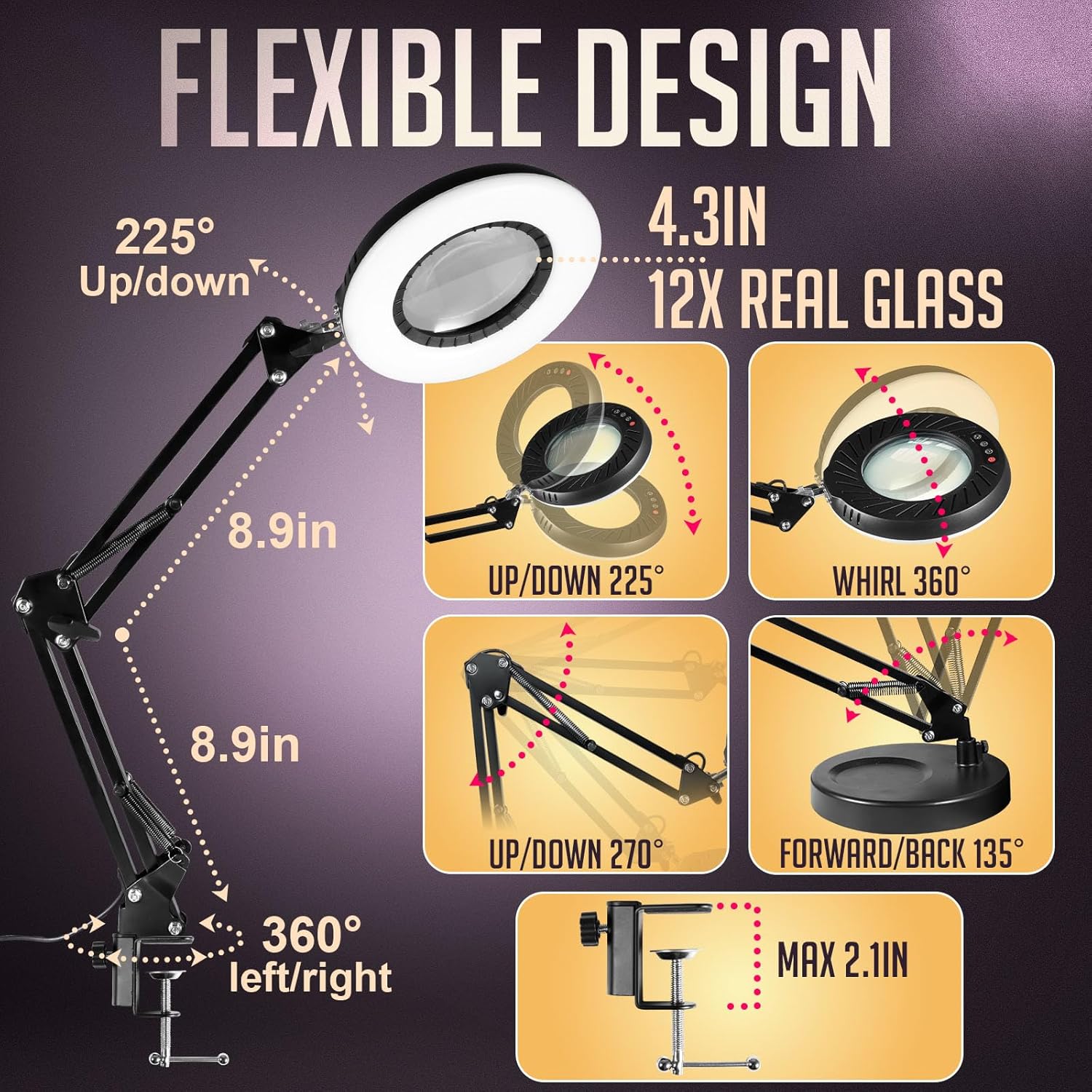 Magnifying Glass with Light and Stand, 2-in-1 Desk Lamp with Clamp J427684