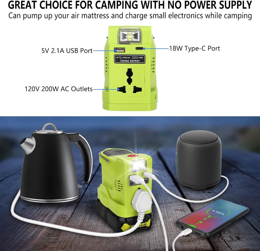 200W Inverter Generator for Ryobi 18V ONE+ Battery, Portable Power Source with USB and Type-C Ports M1577