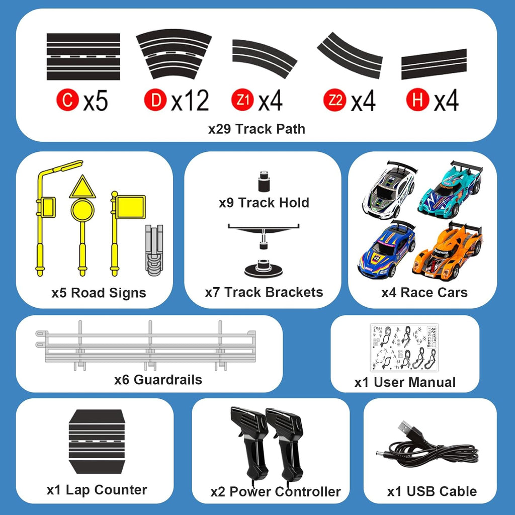 Electric Slot Car Race Track Set with 4 High-Speed Cars, 2 Controllers & Lap Counter E803