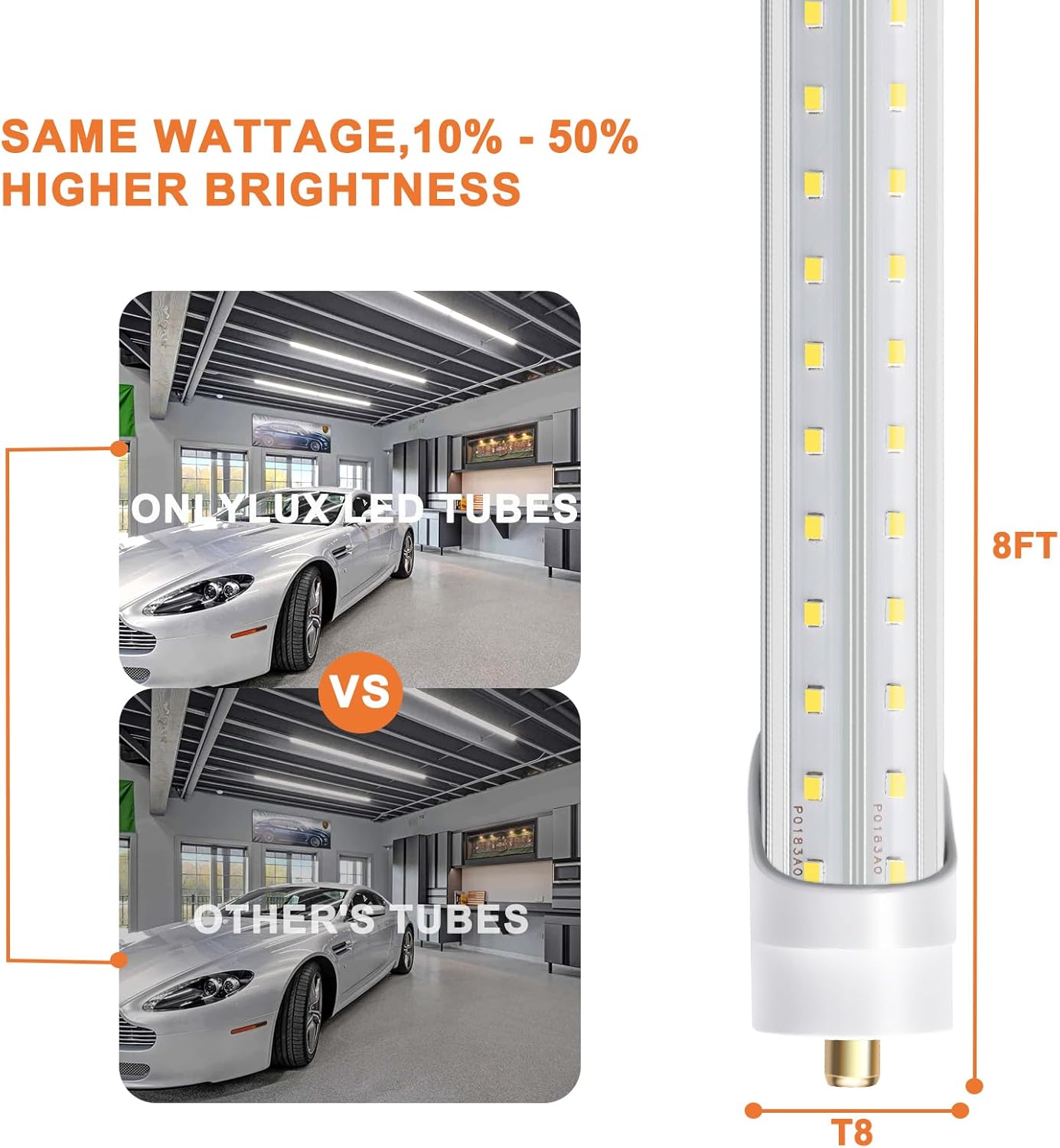 8ft LED Shop Light Bulbs 72W 6000K 10000lm, T8 T10 T12 V Shape FA8, Clear Cover, Pack of 12 R143