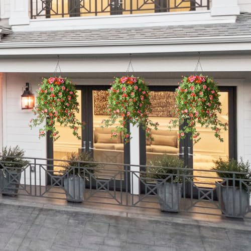 INQCMY Artificial Hanging Flowers with Basket, Silk Chrysanthemum Arrangement, 4 Pack for Patio Garden Decor (Purple Red) E7186