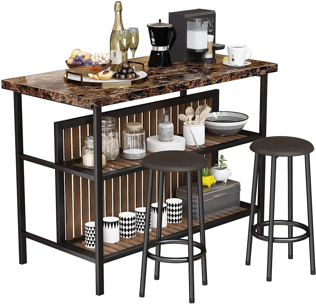 tantohom 3-Piece Bar Table Set with 2 Chairs, 47 inch, Artificial Marble Top, Brown D702