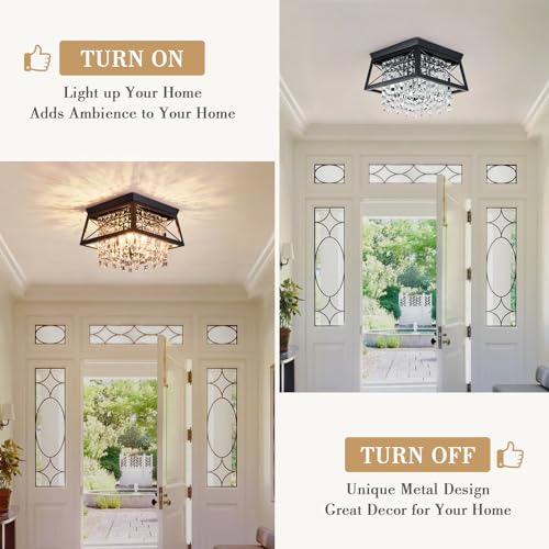Crystal Flush Mount Ceiling Light, 11.8 inch 4-Light Black Farmhouse O868