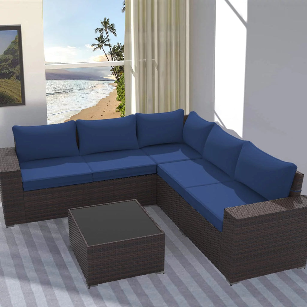 Gotland Outdoor Patio Furniture Set 6 Pieces PE Wicker Sectional Sofa Navy Blue H421