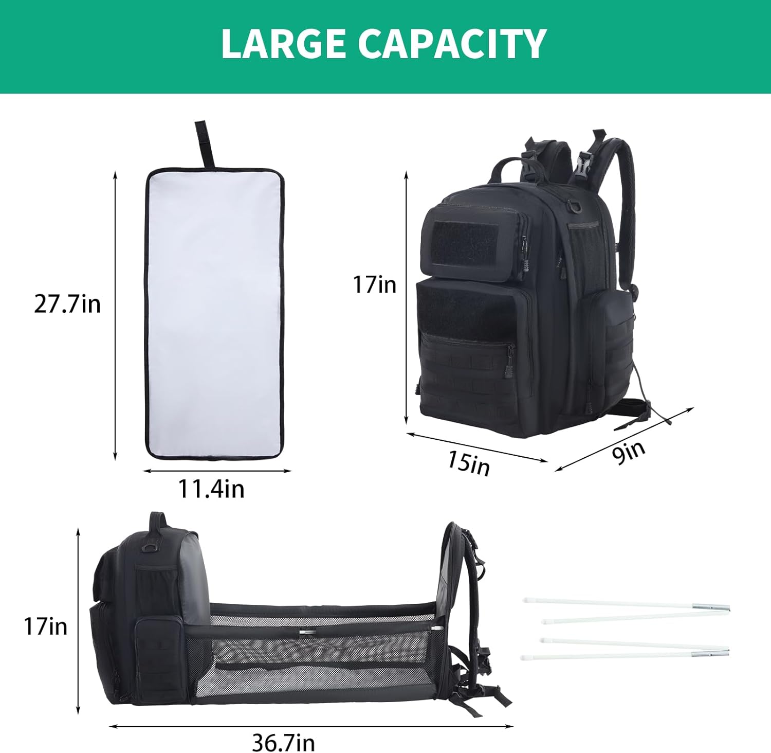 Tactical Diaper Bag Backpack for Dad with Changing Station, Black V2896