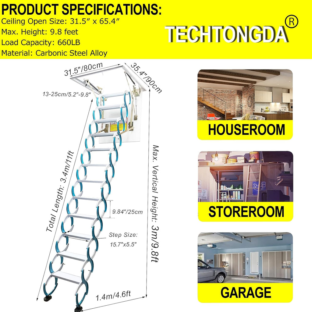 TECHTONGDA Attic Ladder 12 Steps Pull Down Stairs, Carbon Steel, 9.8ft Height Q214